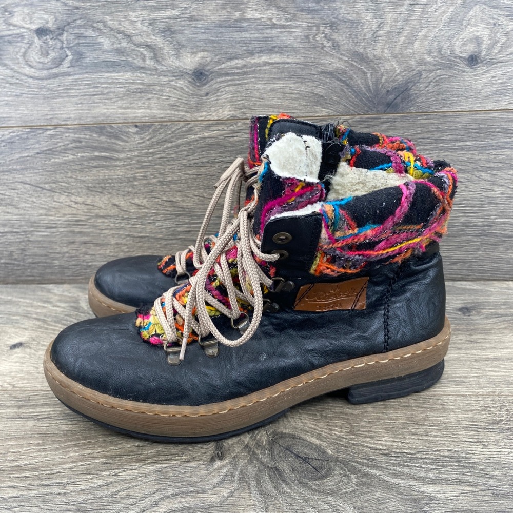 Rieker Ankle Boots Womens 38 Black Multi Leather Knit Fleece Lined Antistress